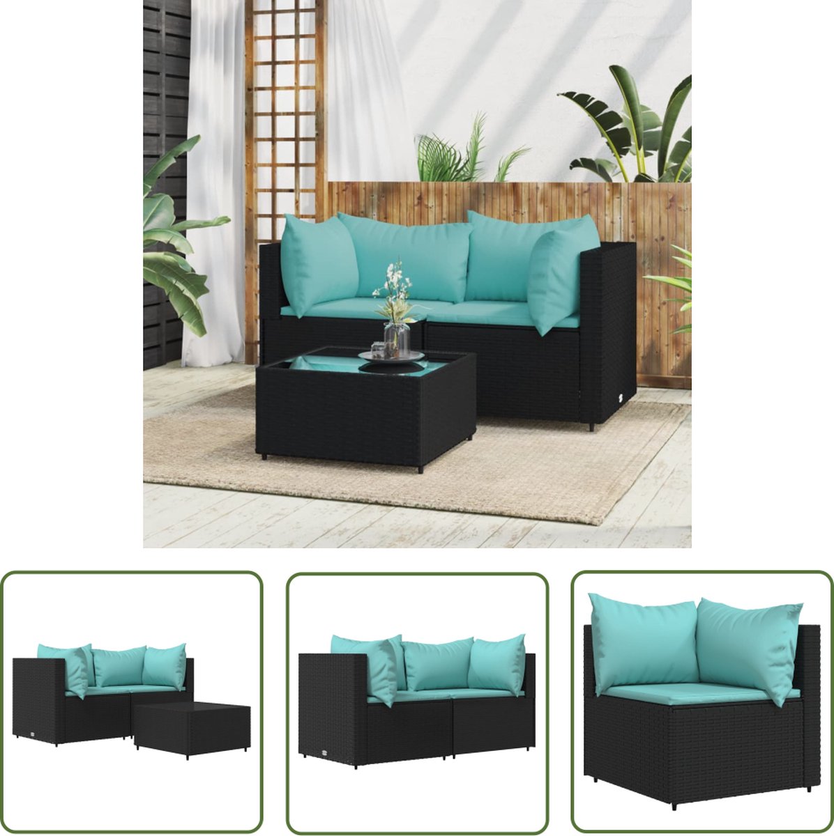The Living Store Loungeset Zwarte Hoekbank - 63x63x57.5 cm - Weerbestendig PE-rattan - Gehard glas - Comfortabele kussens - Modulair ontwerp - Incl - tafel