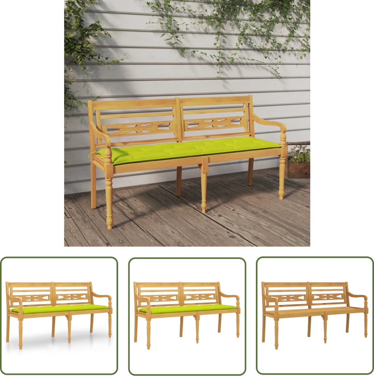 vidaXL Teak Hout Bank - Tuinbank - Bankje Batavia met heldergroen kussen 150 cm massief teakhout - Buitenbank - Lounge Bank - Tuinset