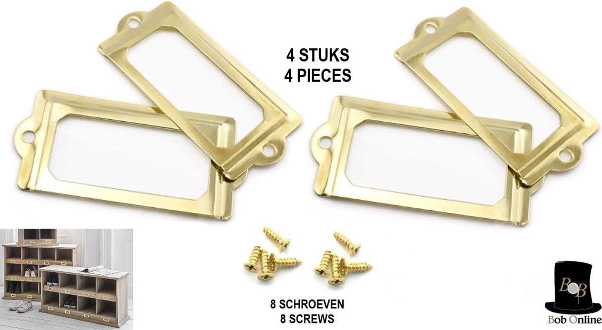 Bob Online™ - 4 Stuks – Goud Kleurig – Metaal Label Houders – Labelhouders – Metalen Label Houders – Meubel Labelhouders – 4 Pcs – Gold Color – Metal Label Holders – Furniture Label Holders