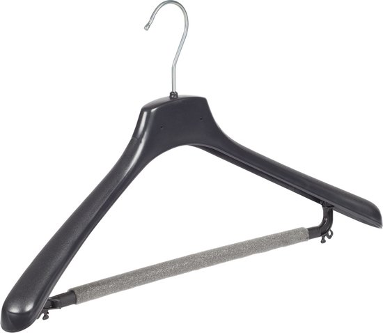 De Kledinghanger Gigant - 30 X Mantelhanger / Kostuumhanger Kunststof Zwart Met Schouderverbreding En Broeklat 44 Cm