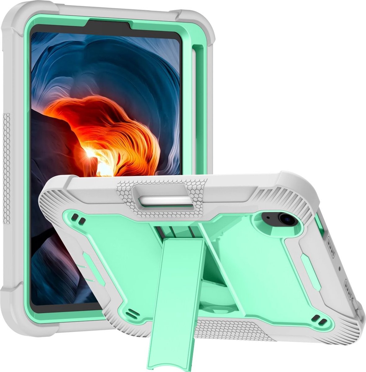 Mobigear Tablethoes geschikt voor Apple iPad Mini 7 (2024) Hardcase Backcover | Mobigear ShieldStand + Stylus Houder | Schokbestendig iPad Mini 7 (2024) Telefoonhoesje | Anti Shock Proof + Standaard - Grijs / Turquoise