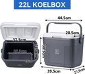 Grijze 22L koelbox met witte deksel, afmetingen aangegeven.