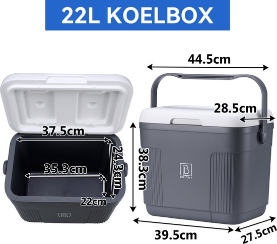 Grijze 22L koelbox met witte deksel, afmetingen aangegeven.