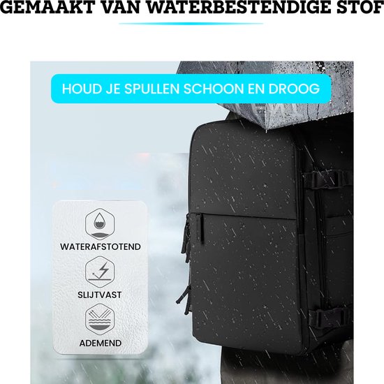 Zwarte rugzak met tekst 'Houd je spullen schoon en droog'. Waterafstotend, slijtvast, ademend.