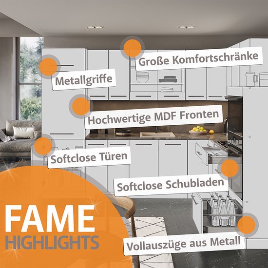 Cuisine complète Vicco Fame- Line – 280 cm, chêne Grijs/beige/doré