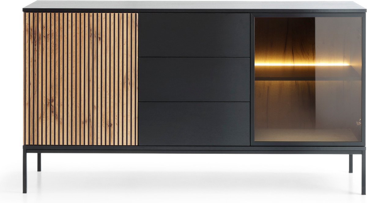 Selsey Tosena - Dressoir met lades 154 cm - Zwart/Wotan eiken met verlichting Zwart, Wotan-eik