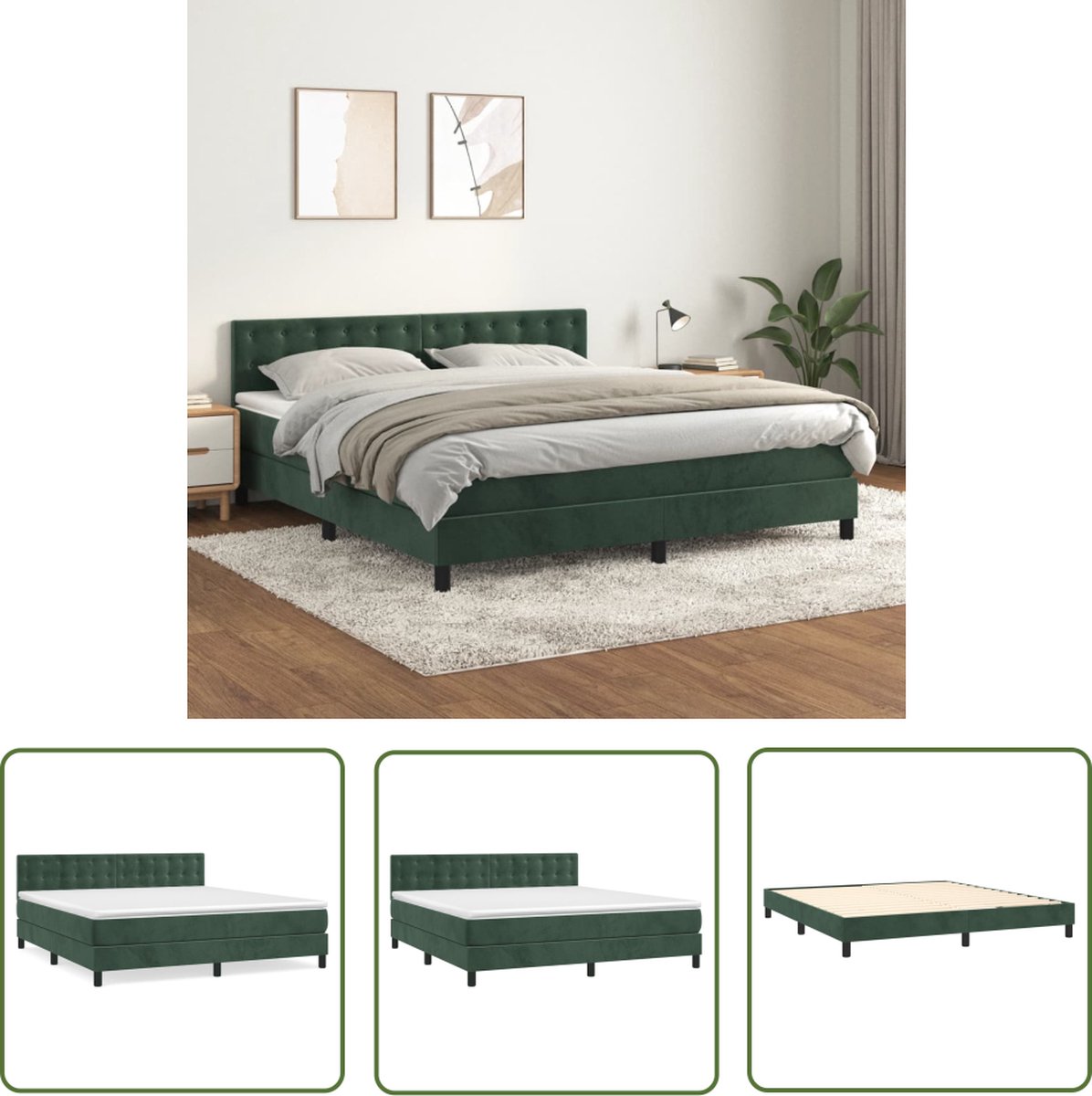 The Living Store Boxspringbed - Fluweel - Donkergroen - 160x200 cm - Pocketvering