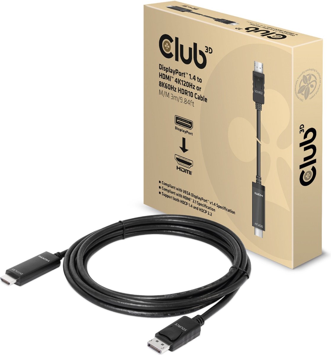 CLUB3D DisplayPort 1.4 to HDMI 4K120Hz or 8K60Hz HDR10 Cable M/M 3m/9.84ft