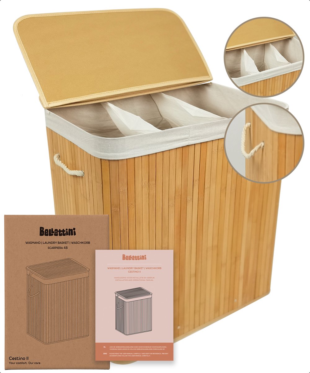 Goedkoopste Bellettini® Bamboe Wasmand met Deksel - 3 Compartimenten Wassorteerder - 155 Liter - Naturel
