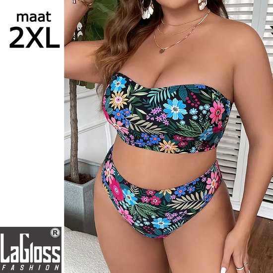 LaGloss® Bikini Set Fleurs Taille Plus 2XL - Bandeau à imprimé tropical et culotte taille haute - 2 pièces