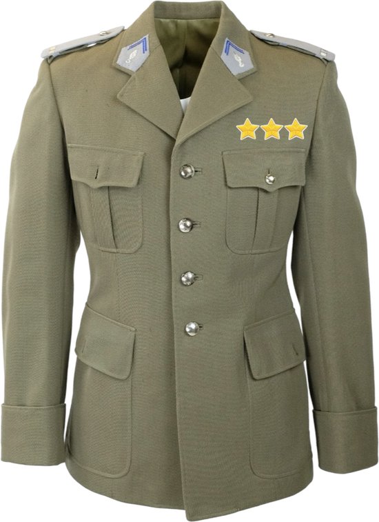 Groen uniformjasje met epauletten, vier zakken en drie gele sterapplicaties op de borst.
