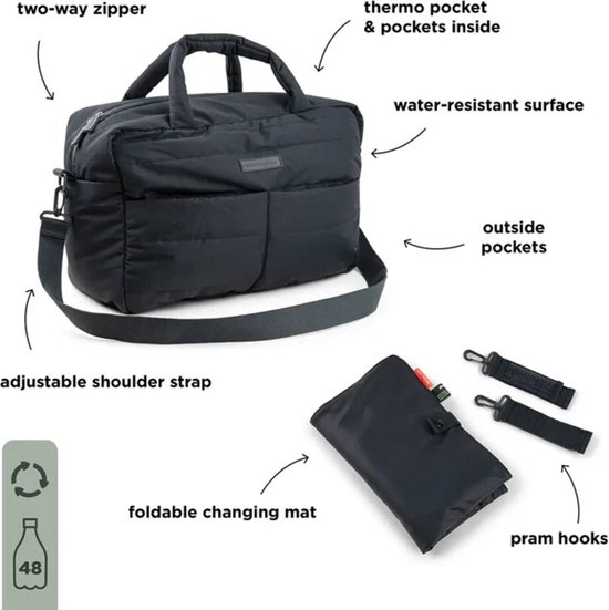 Sac à langer noir avec poignées, bandoulière, poches, matelas à langer et clips pour poussette.