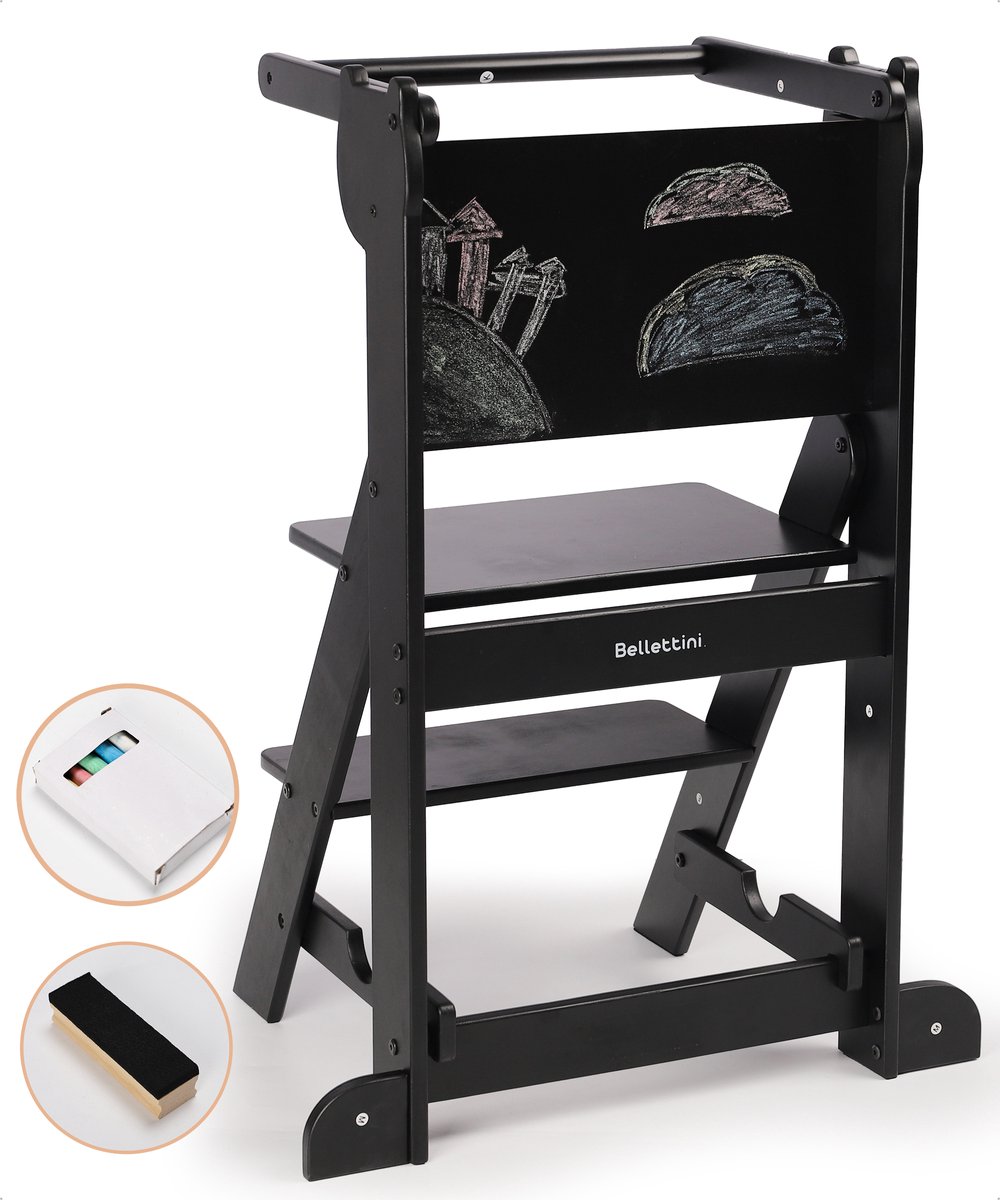 Bellettini® Inklapbare Leertoren Inclusief Krijtbord en Krijtjes - Kindertrapje voor Keukenhulp - Zwart