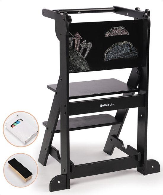 Bellettini® Opvouwbare Leertoren Inclusief Krijtbord en Krijtjes - Kindertrapje voor Keukenhulp - Zwart
