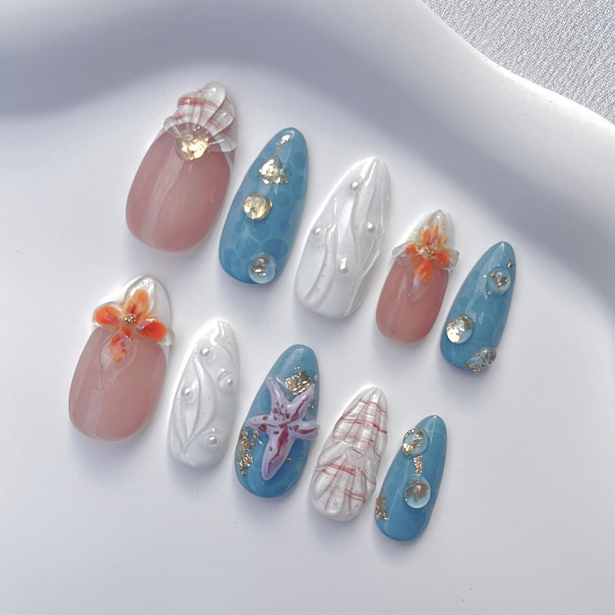 Goedkoopste Press On Nails - Handgemaakte Press On Nagels - Blauwe Schelp Stijl Middellange Almond Nagels - Tropical Princess - Maat S