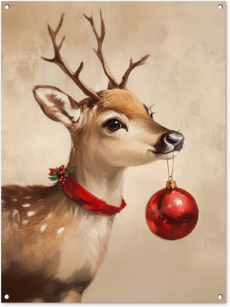 Tuinposter 90x120 cm - Tuindecoratie Kerst - Hert - Gewei - Kerstbal - Rendier - Poster voor in de tuin - Buiten decoratie - Schutting tuinschilderij - Tuindoek muurdecoratie - Wanddecoratie balkondoek