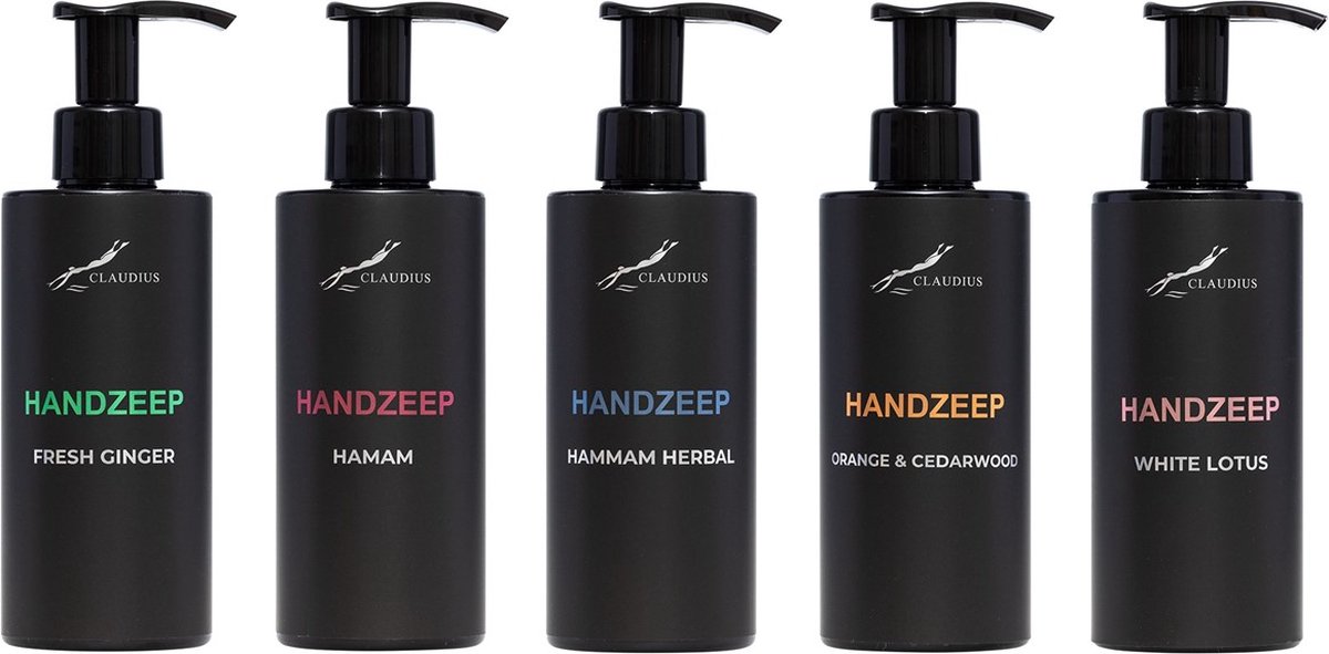 Goedkoopste Handzeep Set - Fresh Ginger Hamam Hammam Herbal Sweet Orange & Cedarwood en White Lotus - Claudius Cosmetics - bodycare - luxe fles - set van 5 stuks - Cadeau - giftset voor hem en haar