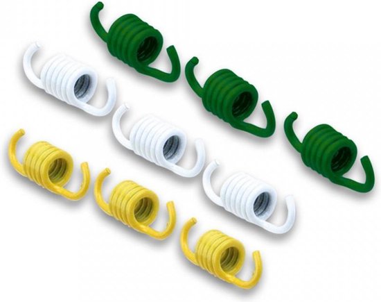 Trois jeux de trois ressorts d'embrayage chacun, de couleurs verte, blanche et jaune.