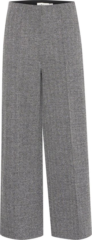 Grijze broek met visgraatpatroon en wijde pijpen.