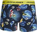 Boxershorts met donkerblauwe print van papegaaien, tropische bladeren en bloemen. Gele tailleband met JACK & JONES logo.
