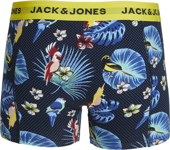 Boxershorts met donkerblauwe print van papegaaien, tropische bladeren en bloemen. Gele tailleband met JACK & JONES logo.