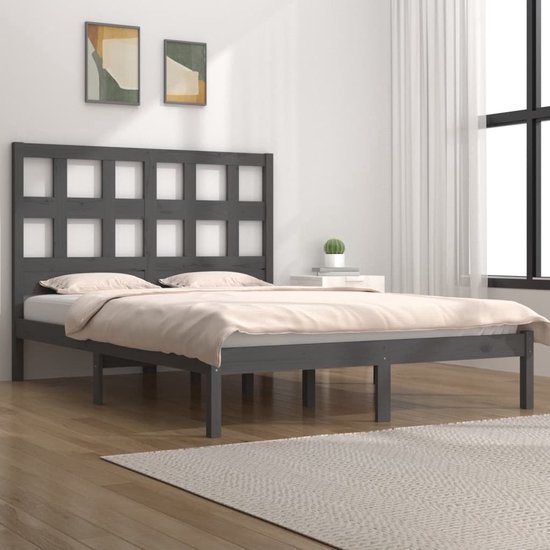 vidaXL Grijs Bed - Massief Grenenhout Bed - Bedframe massief grenenhout grijs 200x200 cm - Modern Bed - King Size Bed - Box Spring Bed