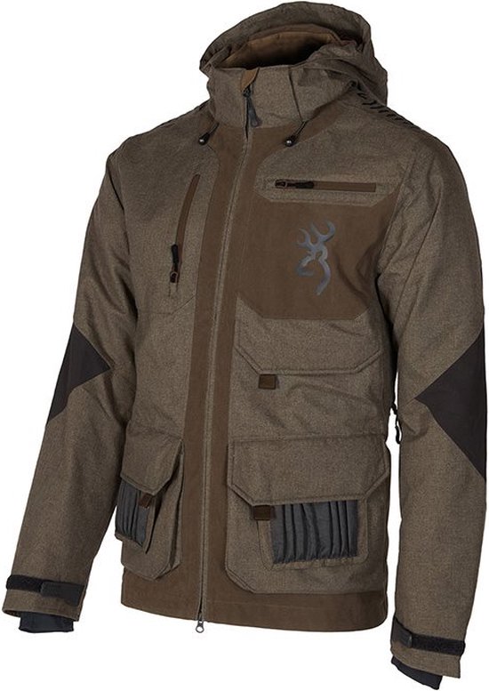 Veste marron à capuche avec multiples poches, logo Browning sur la poitrine et empiècements noirs sur les manches.