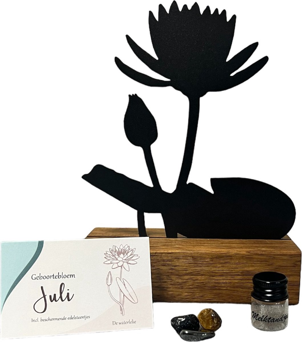 Goedkoopste Kraamcadeau - geboortebloem beeld- JULI - Waterlelie - mét tandendoosje / potje / haarlokpotje en beschermende edelsteentjes - metaal in houten sokkel - baby cadeau - babyshower cadeau