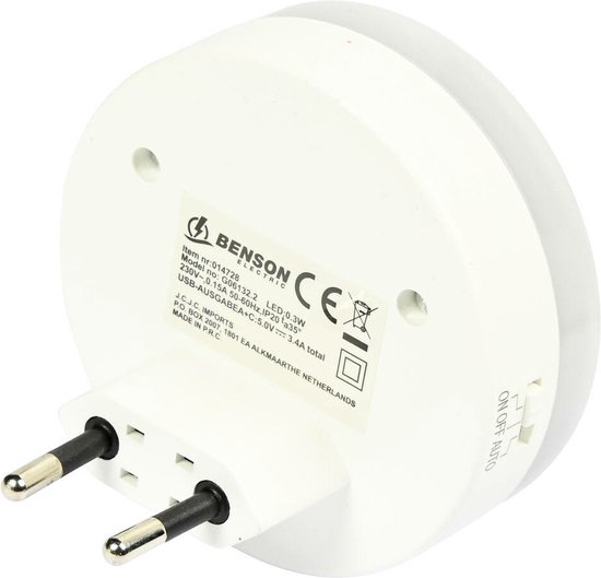 Benson Nachtlamp met USB-A & USB-C - 17 Watt - Dag/Nacht Sensor - 5V DC 3.4A van Merkloos — afbeelding 3