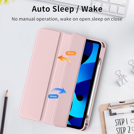 Roze iPad Air hoes met automatische slaap/wake functie, met Apple Pencil