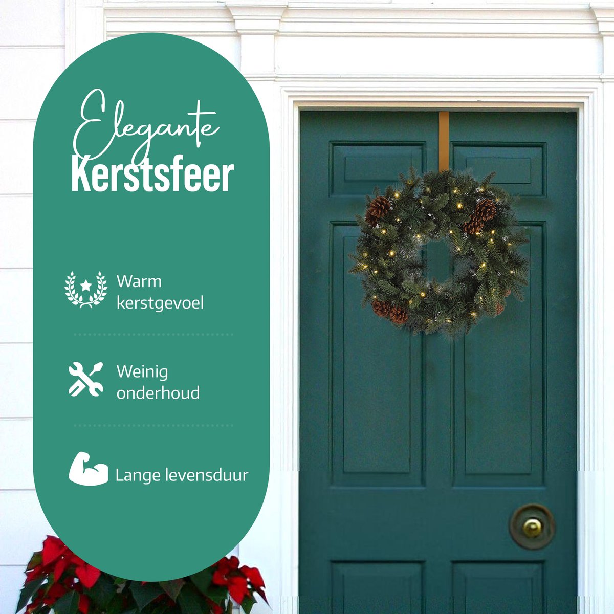 Meisterhome Kerstkrans van 50 cm - Inclusief Ophangbeugel en 35 Warmwitte LED's - Timer - Dennenappels - Kerstkrans met verlichting – foto 7