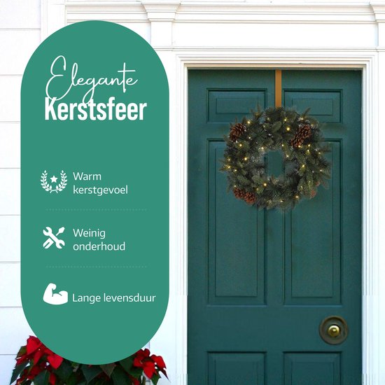 Meisterhome Kerstkrans van 50 cm - Inclusief Ophangbeugel en 35 Warmwitte LED's - Timer - Dennenappels - Kerstkrans met verlichting