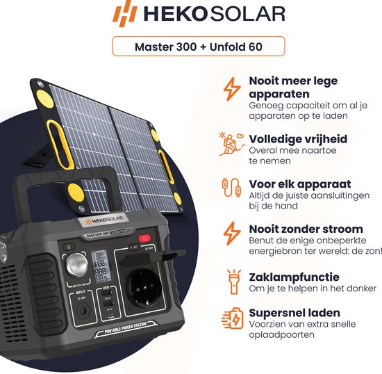 Heko Solar Master 300 + Unfold 60: powerstation met twee zonnepanelen. Kenmerken: draagbaar, veel aansluitingen, zaklamp.