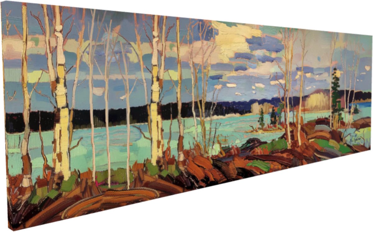 Kai Ingåilström - Impressionisme Lente Bomen & Bossen Eiland in de Stromende Rivier Impressionistisch Landschap in het Noorden Schilderij No. 55 - Fine Art Kunst Print op Canvas 90x30 cm