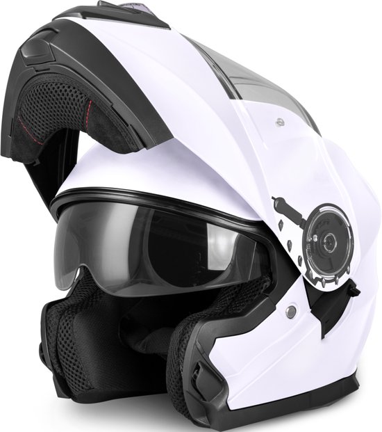 VINZ Santos Systeemhelm met Zonnevizier | Scooterhelm & Motorhelm & Brommerhelm | ECE 22.06 goedgekeurd | Lichtgewicht 1600 gram | Inclusief Opbergzak | Wit - XL