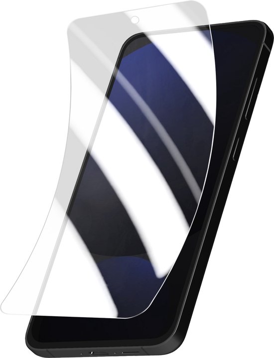 Een transparante screenprotector op een smartphone, weergave vanaf de zijkant.