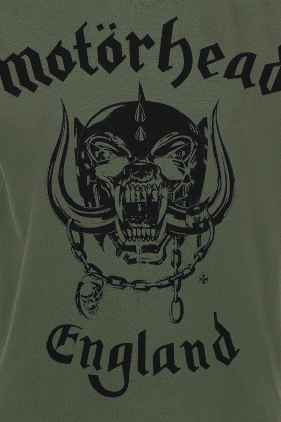 Legergroen t-shirt met zwarte print van een schedel met hoorns, kettingen en de tekst 'Motörhead England'.