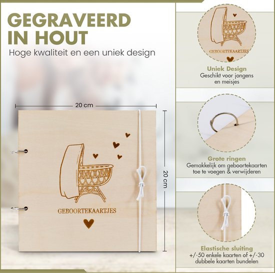 Muuzey Geboortekaarten bewaarbundel - Hout - Geboortekaartjes bewaarbundel - Kaarten bewaarbundel wiegje - 20 cm x 20 cm - Brievenbuspakket van Muuzey — afbeelding 4