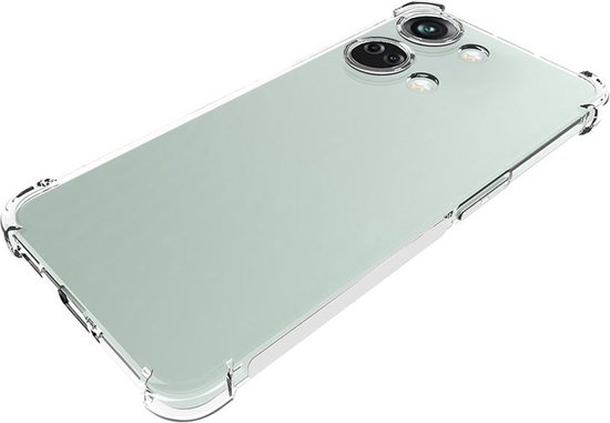 Doorzichtig TPU hoesje met verstevigde hoeken, omhult een lichtgroene telefoon.