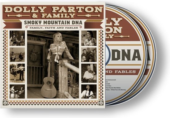 Double CD "Smoky Mountain DNA: Family, Faith and Fables" de Dolly Parton & Family, montrant un CD et une pochette avec artwork. La pochette présente Dolly Parton au centre, flanquée de petites photos de famille.