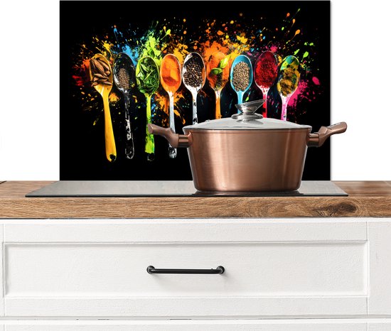 Crédence de Cuisinière en Aluminium 60x40 cm - Cuillères - Épices - Moderne - Graffiti - Peinture - Coloré - Écran Pare-éclaboussures pour Plaque de Cuisson - Protection Murale