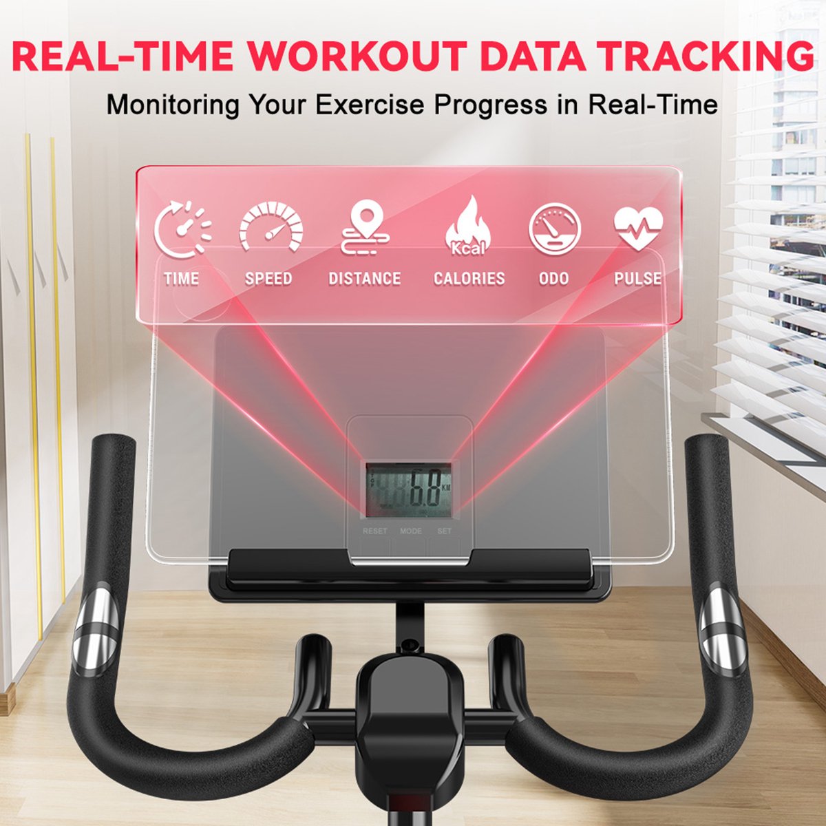 Afbeelding 2 van Magnetische Hometrainer - Indoor fitnessfiets met 12 KG vliegwiel - LCD scherm - hartslagsensor - 80MM stalen constructie - 150KG capaciteit