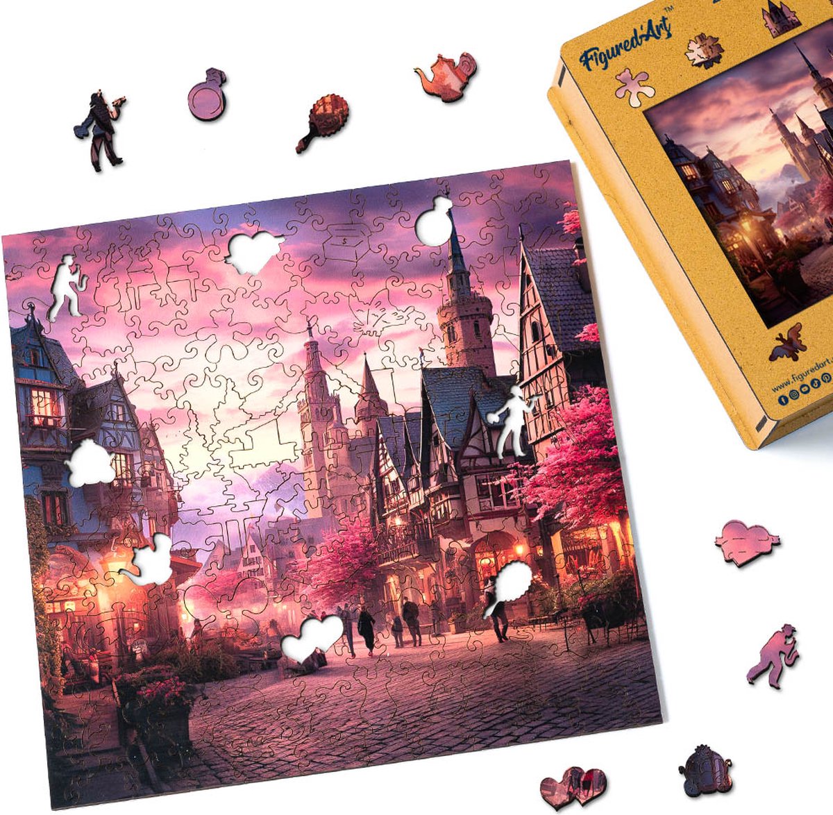 Figured'Art Houten Puzzel 200 Stukjes Volwassenen en Kinderen - Feeëriek Dorp - Uniek Design 28,5x28,5 cm met Premium Houten Doos, Perfect als Cadeau