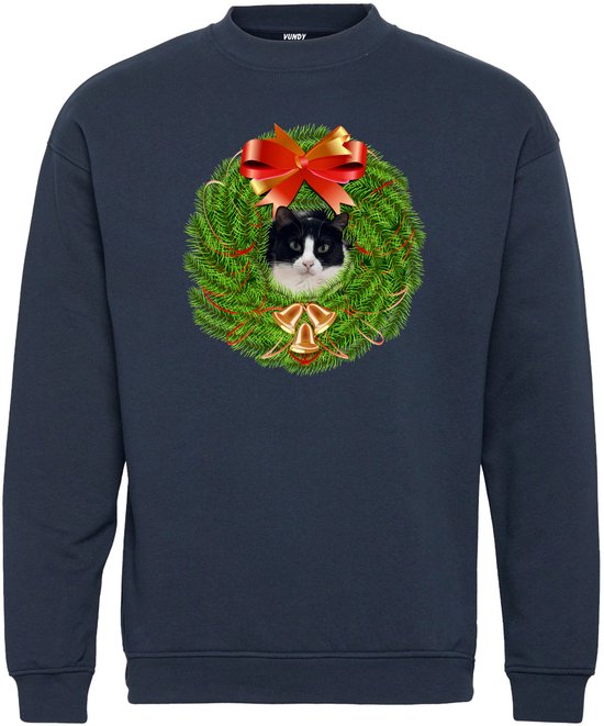 Kersttrui Krans Kat | Foute Kersttrui Dames Heren | Kerstcadeau | Kerstpakket | Navy | maat 4XL