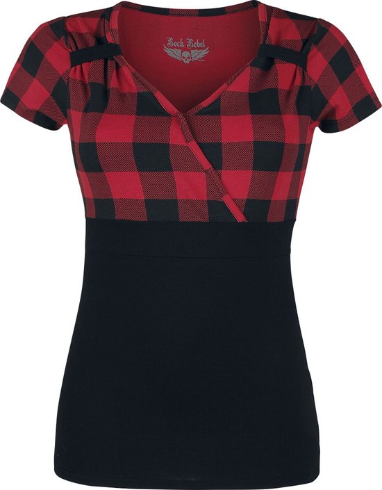 Zwart-rood geruit T-shirt met korte mouwen, overslag-halslijn en strikdetails op de schouders.