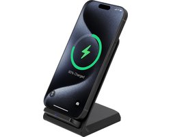 Cazy Draadloze Oplader Telefoon Stand 15W – Snelladen & USB-C – Geschikt voor Qi-Gecertificeerde Toestellen – Oplaadstandaard met LED Lampje – Zwart