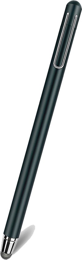 Donkergrijze styluspen met zilveren clip en zilveren penpunt.