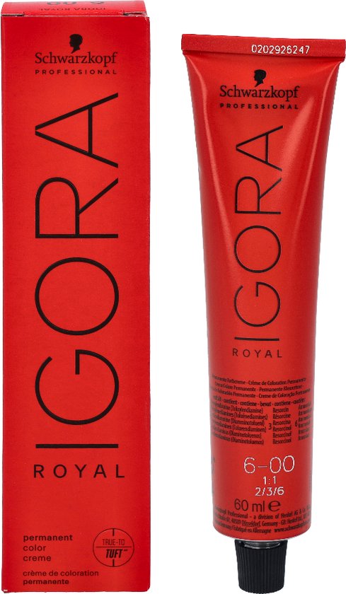 Rode verpakking en tube IGORA ROYAL haarverf, met productinformatie en dop.