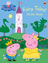 Peppa Pig en George met kroon op, voor een kasteel, met twee draken en een zon.