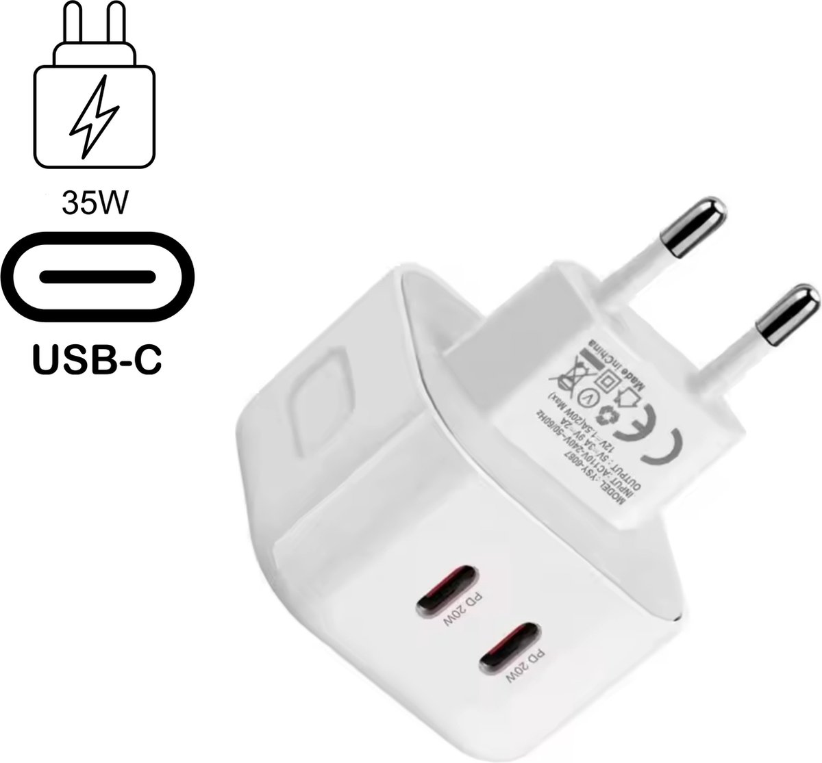 35W USB-C Adapter Snellader 2 Poorten Power Delivery + 2x 60W USB-C Kabels Compact Voor iPhone, iPad, MacBook - Afbeelding 2